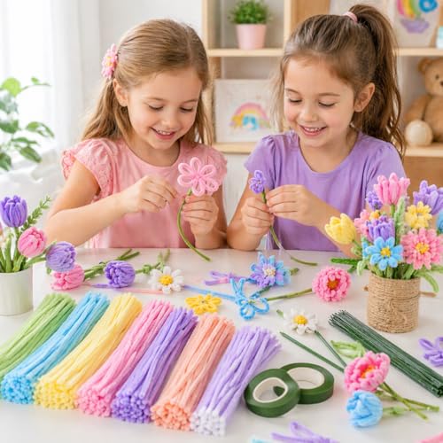 Image of Pipe Cleaners for Craft Flower Making Set, Fuzzy Chenille Stems and Fluffy Sticks with Floral Tape and Wire, for Kids Arts and Crafts (pipe cleaners-100 /stem wire-25 /green tape-3)