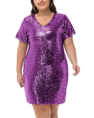Anna-Kaci Women's Plus Size Short Sleeve Sequin Dresses V Neck T Shirt Shift Sparkle Dress