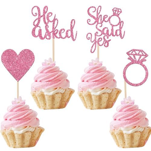 Xsstarmi 24 Pack He Asked She Said Yes Cupcake Toppers Glitter Heart Ring Bachelorette Cupcake Picks for Wedding Engagement Bridal Shower Theme Party Cake Decorations Supplies Pink