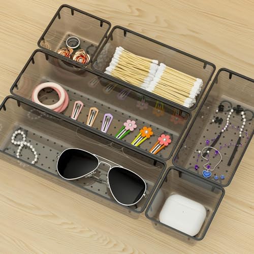 Image of Kienlix Desk Drawer Organizers Trays Set Clear Plastic Storage Bins Bathroom Drawer Tray Dividers Vanity Trays Organizer for Bedroom Dresser Makeup Kitchen Utensil Office (9pc Set (Black-2))