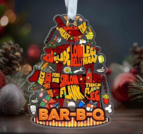Enfeite de acrílico de Natal para churrasco - design de árvore de corte de carne de churrasco - decoração divertida de férias - pendurar na árvore de Natal - presente para amantes de churrasco