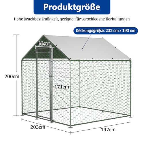 Thanaddo Hühnerstall Metall Freilaufgehege, 2x2 m Freilaufgehege Hühner mit PE-Tuch, Verzinkter Stahl Kleintierstall mit Riegelsystem-Tür für Hühner Haustierkäfig Hühnerkäfig Kleintiere Garten