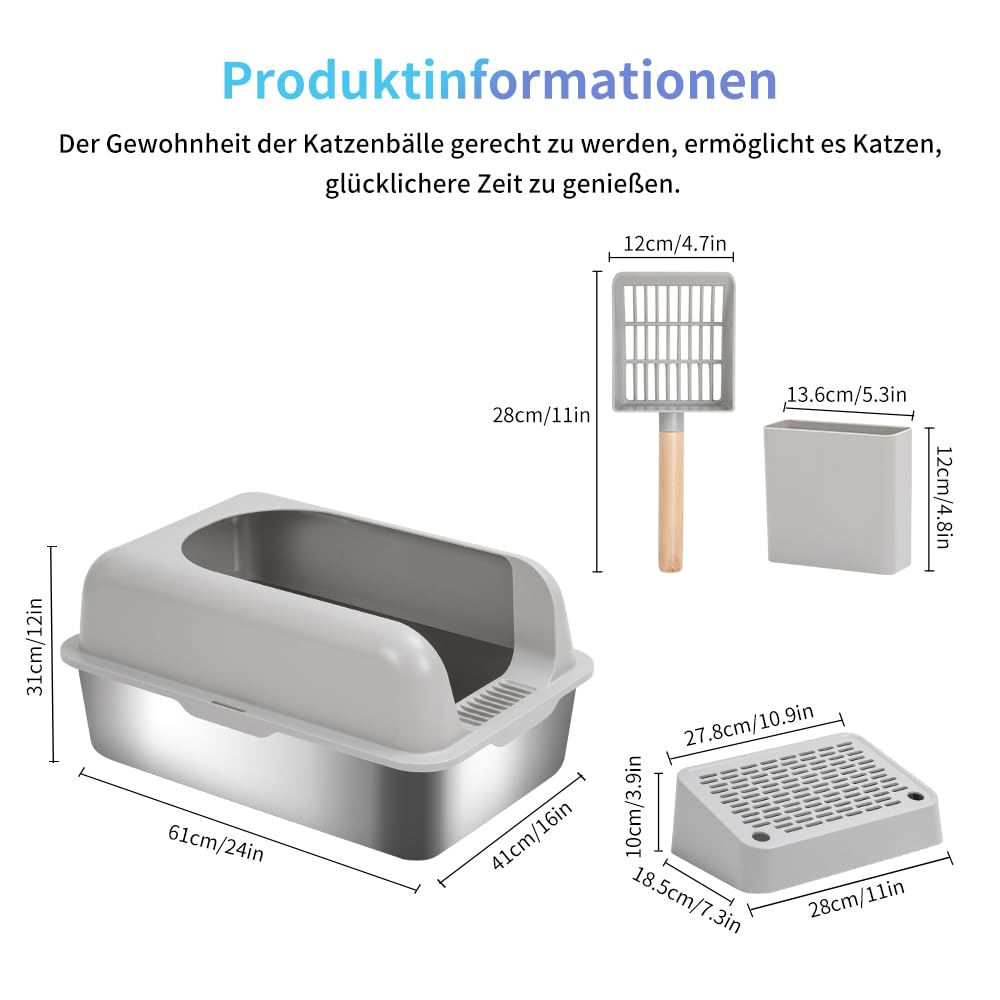 KMNSUN Lettiera XXL, Lettiera chiusa in acciaio inox, Lettiera grande (per gatti di grossa taglia), design chiuso con bordi alti, antiaderente, a prova di perdite e facile da pulire
