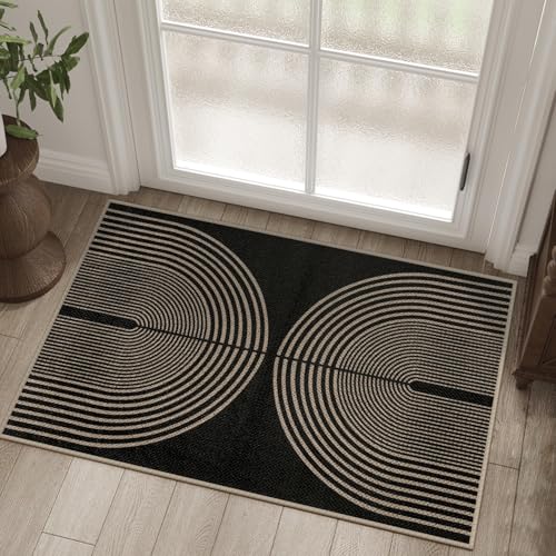 Rugalia Easy Jute Rainbow Entryway Rug, 2x3 Black Washable Non-Slip Indoor Outdoor Doormat, Boho Farmhouse Small Kitchen Rug Modern Abstract Throw Rugs for Entrance Bedroom Bathroom