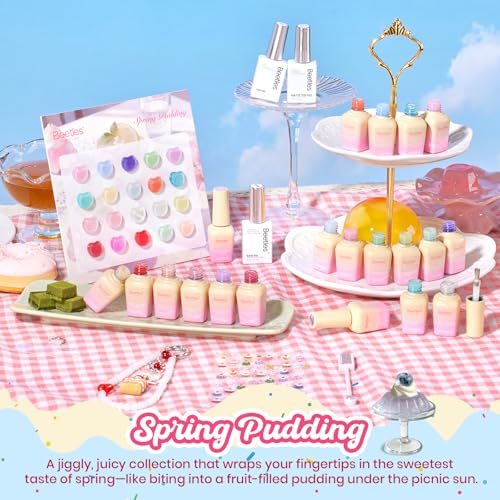 Image of Beetles Jelly Gel Nail Polish Set - Spring Pudding 20 Colors Pastel Gel Polish Kit Jelly Pink Purple Red Blue Green Glitter Silver Cat Eye Base Glossy Matte Top Coat Home Salon Summer Gifts for Women
