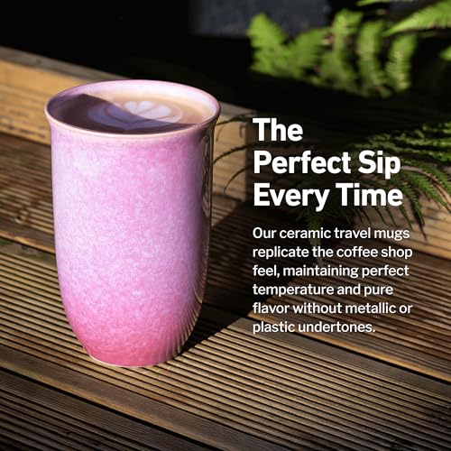 Image of NOVA CERAMICS Coffee Travel Mug - Cup Holder Friendly Travel Mug- Microwave & Dishwasher Safe White & Purple Tumbler - Coffee Mug Fits In Cup Holder - 12oz - Astral Bloom