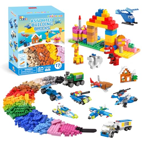 FUN LITTLE TOYS 1100 PCS Building Blocks for Kids 6-12, Creative Bulk Building Bricks Set for Open-Ended Play, 147 Shapes 17 Colors, Value Pack Compatible with Standard Baseplates