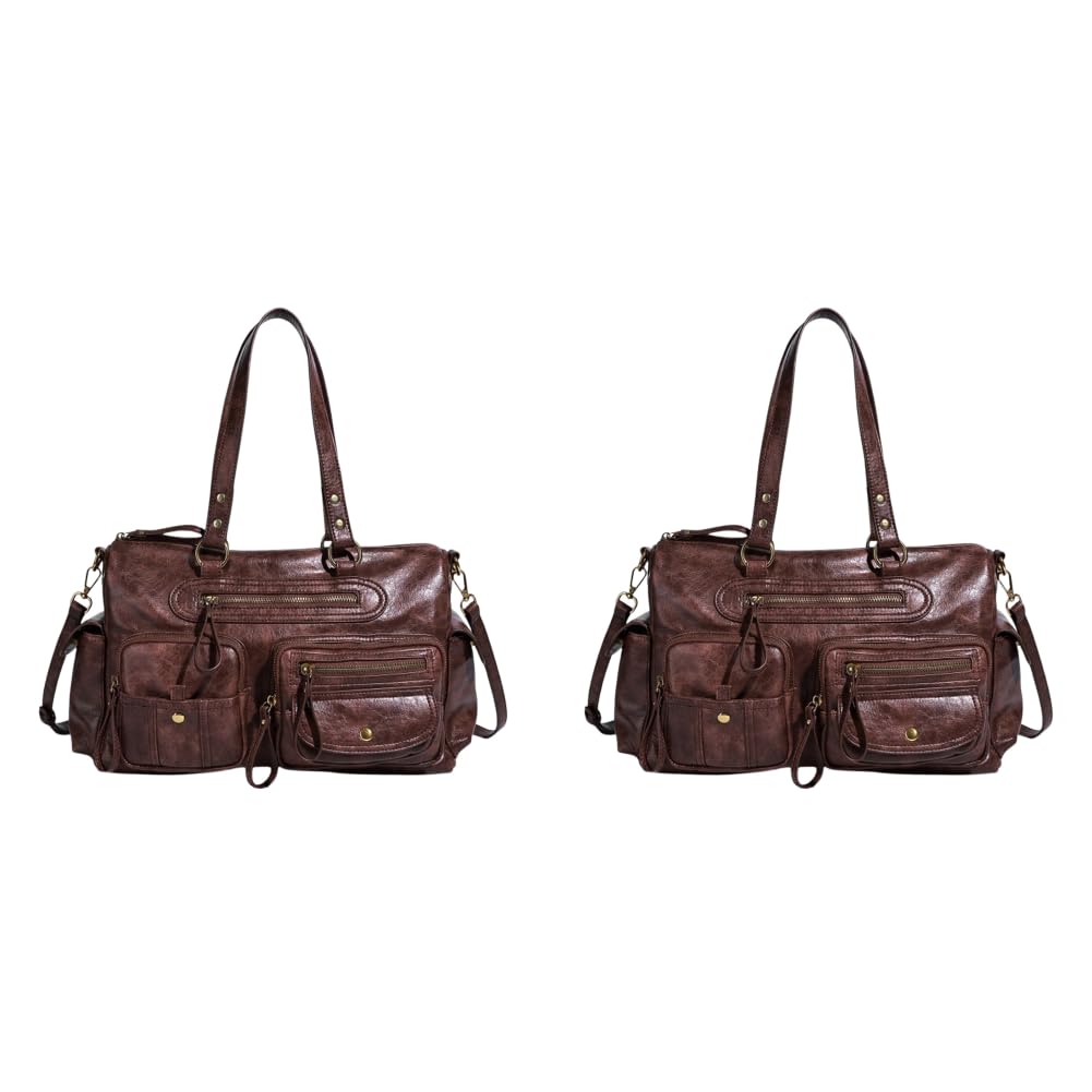 Borsa tote retrò in pelle PU anni '90 tasche multiple maniglia superiore borsa a tracolla per le donne casual e uso ufficio, Marrone scuro, 2 pezzi, 480.00x260.00x220.00mm/18.9x10.24x8.66inch