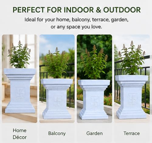 Image of Synergy Plast Tulsi Plant Pot for Indoor Outdoor Use (Marble White) | Marble Finish Fiber Planter with Drainage Hole | Decorative Tulsi Gamla for Home Balcony Garden Terrace | Size:- 16X16X22 Inches
