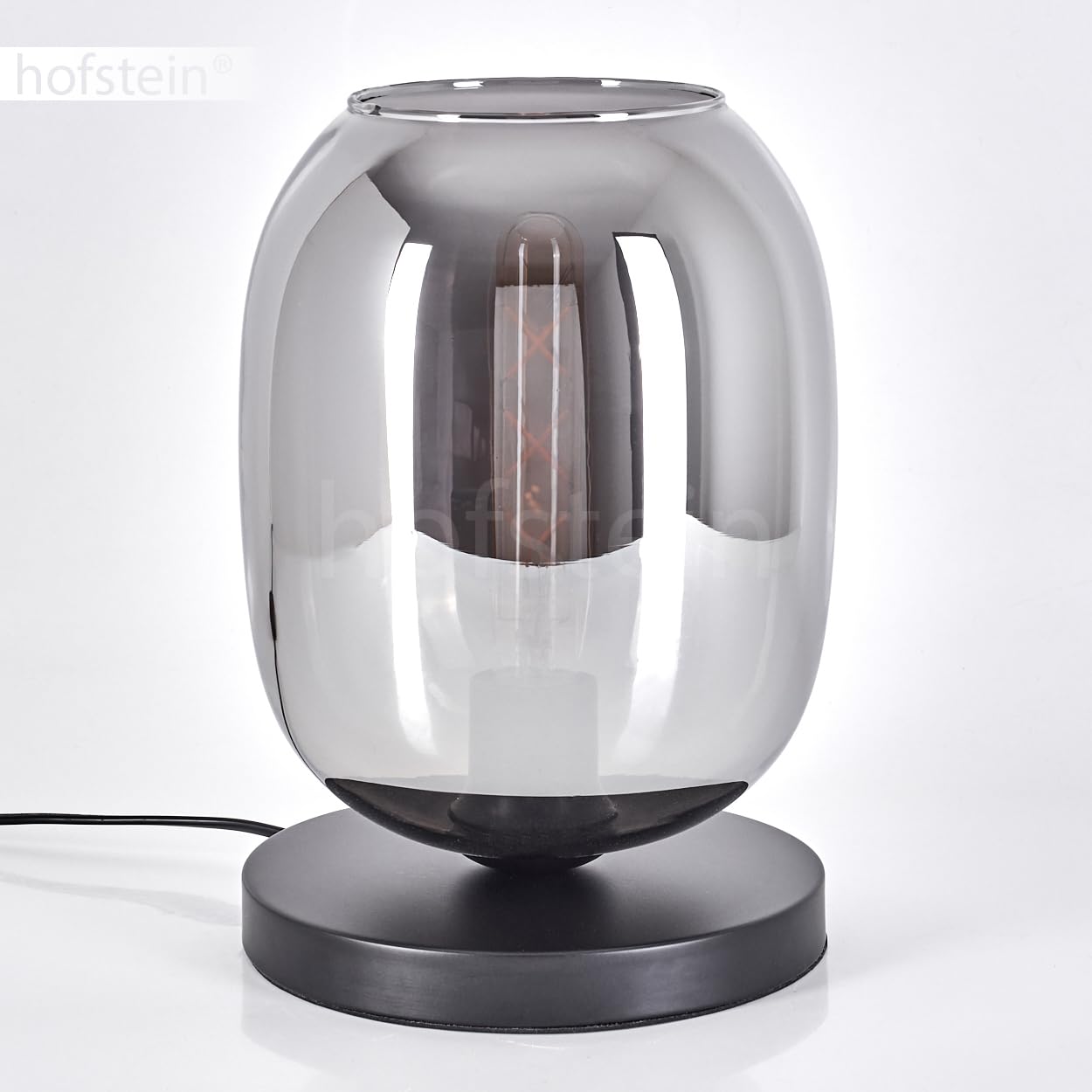 Tischleuchte Apedo, Tischlampe aus Metall/Glas in Schwarz/Rauchfarben, Leuchte im modernen Retro/Vintage-Design mit Schirm aus Glas (Ø 20 cm) u. An/-Auschalter am Kabel, 1 x E27, ohne Leuchtmittel