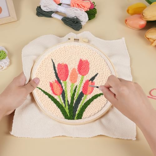 Image of KESTAR Punch Needle Embroidery Starter Kits, Pink Tulip Flower Punch Needle Kits for Adults Beginner, Needle Punch Kit Tool with Instruction Threader Fabric Yarns and Hoop