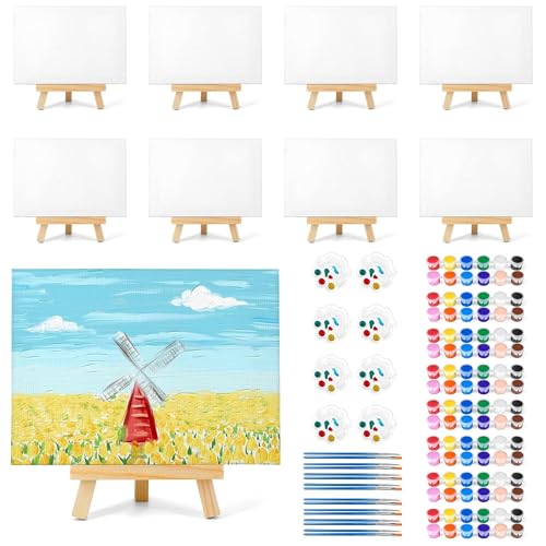 MicoSim 8 Pack 8x10in Canvas Painting Kit Canvases Board & Easel & Acrylic Paint Set for Adults Drawing Boards with Palette & Brushes for Party