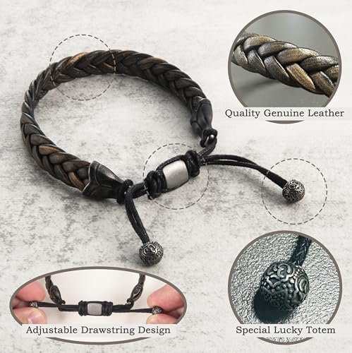 Leather Bracelet for Men, Adjustable Braided Leather Bracelet Wristband, Men's Leather Jewelry4