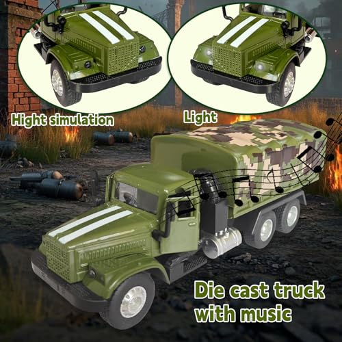 OTONOPI Military Truck Armored Vehicle Die Cast Metal Alloy Pull Back Toy Car Army Transport Model for Kids with Lights and Sounds - Image 6