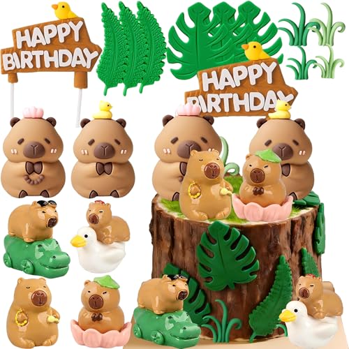 Tyotrbs Capybara Cake Topper Capybara Figurine Birthday Cake Decorations with Duck Cake Topper for Capybara BabyShower Birthday Party Supplies (green)