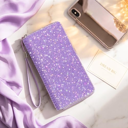 Image of MotiMind Purple Bling Gift Glitter Sparkly Wallet for Women Rhinestone /Pearl Wallet RFID Blocking Phone Purse Gifts for Mother's Day (Pearl)