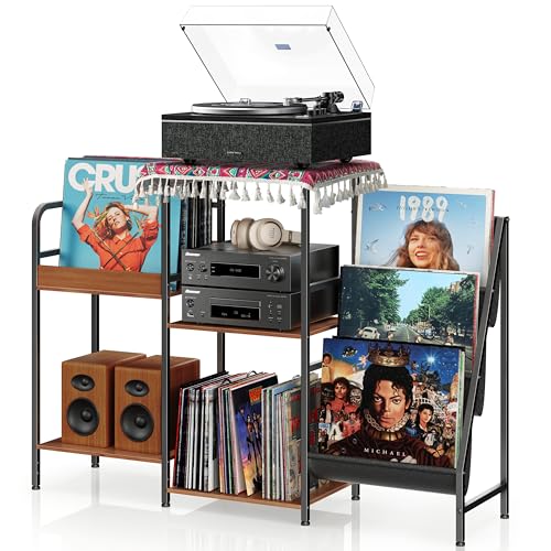 Qlearsoul Mueble para Tocadiscos y Vinilos, Mesa con Almacenamiento para Discos de Vinilo, Soporte con Estantes, Mueble Vinilos para Salón