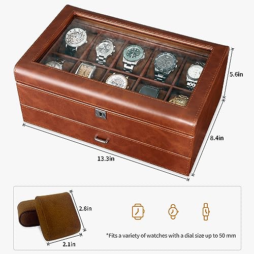 Image of Leather Watch Box with Drawer-10 Slots Locking Jewelry Watches Holder for Men-Luxury Watch Case Display Organizer-2 Tier Organizer Watch Showcase-Storage Case