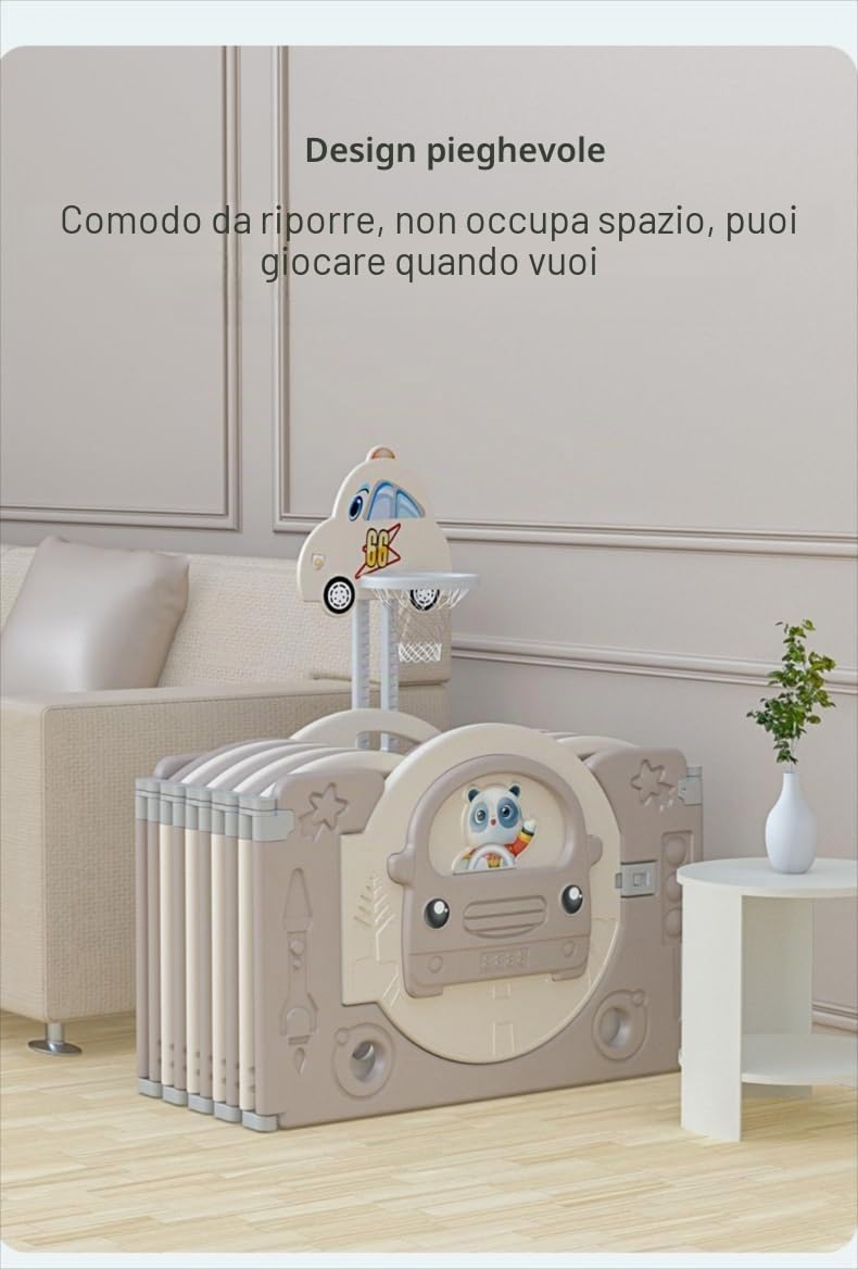 Box Bambini Pieghevole, Recinto per Bambini e Neonato con Materassino, Centro Attività Cortile Giochi di Sicurezza Casa per Interni ed Esterni, con Scivolo e Canestro da Basket