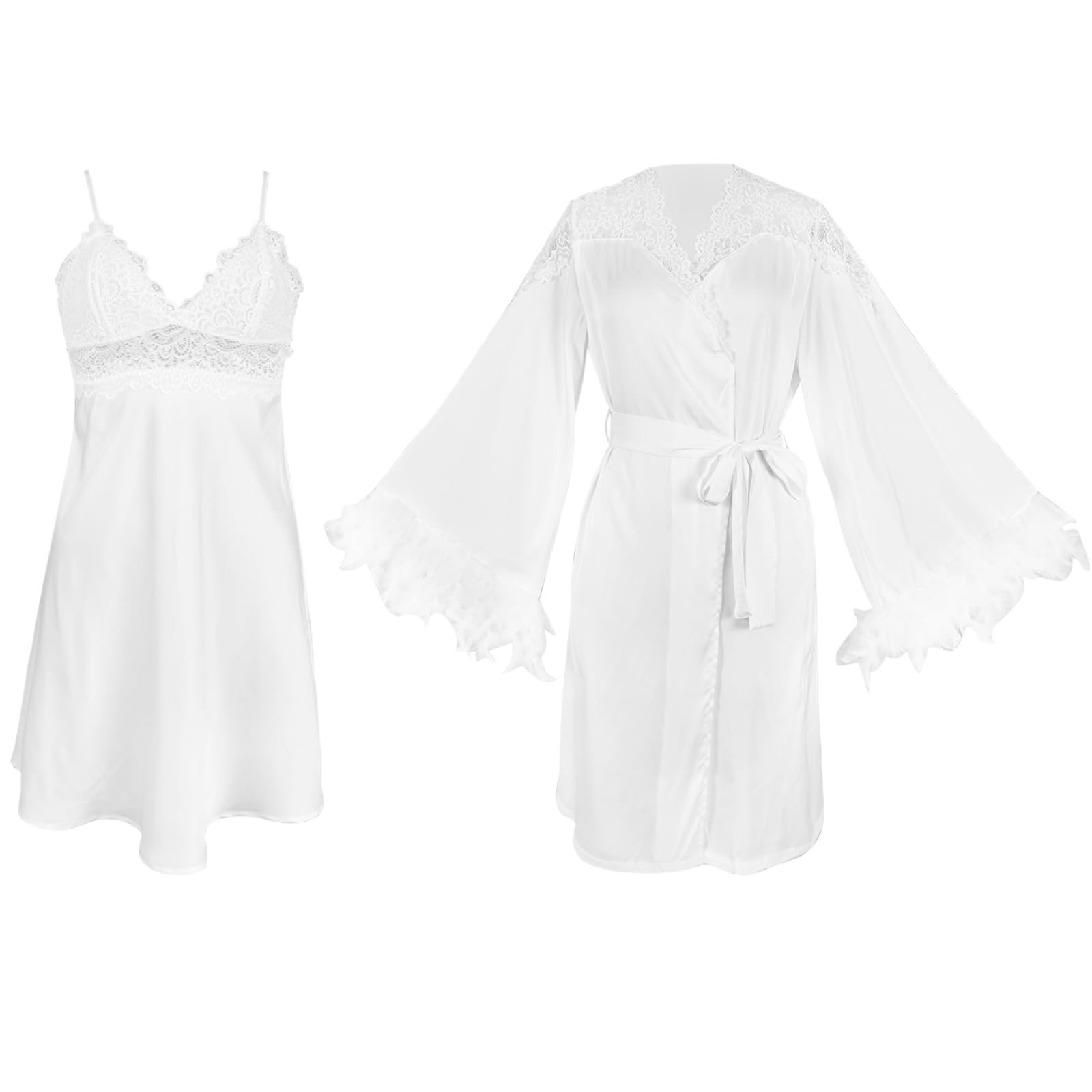 Nuisette Ensemble Deux Pièces pour Femme : Robe De Chambre/Nuisette Courte À Bretelles Fines en Satin Ornée De Dentelle Et De Plumes.