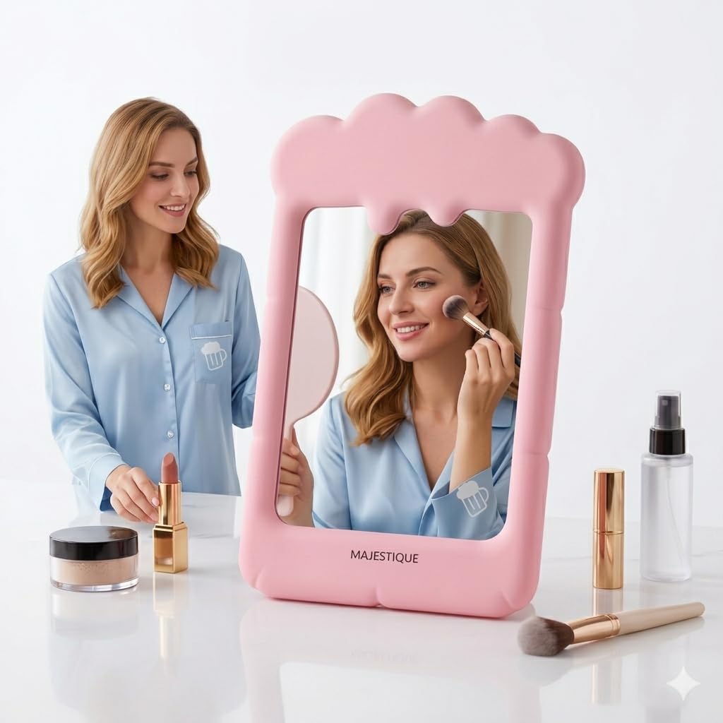 MAJESTIQUE Stylish Tabletop Makeup Mirror with Foldable Stand | Ergonomic Grip Handle, Travel Ready, Portable Vanity, For Men, Women & Kids, Home & Salon Use-picture-28