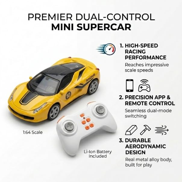Image of Mini RC Car 1:64 Scale Remote Control Car for Kids, App Controlled Electric Racing Toy with LED Lights, Rechargeable Battery, 2.4GHz Control System, Birthday Gift for Boys & Girls (Yellow)