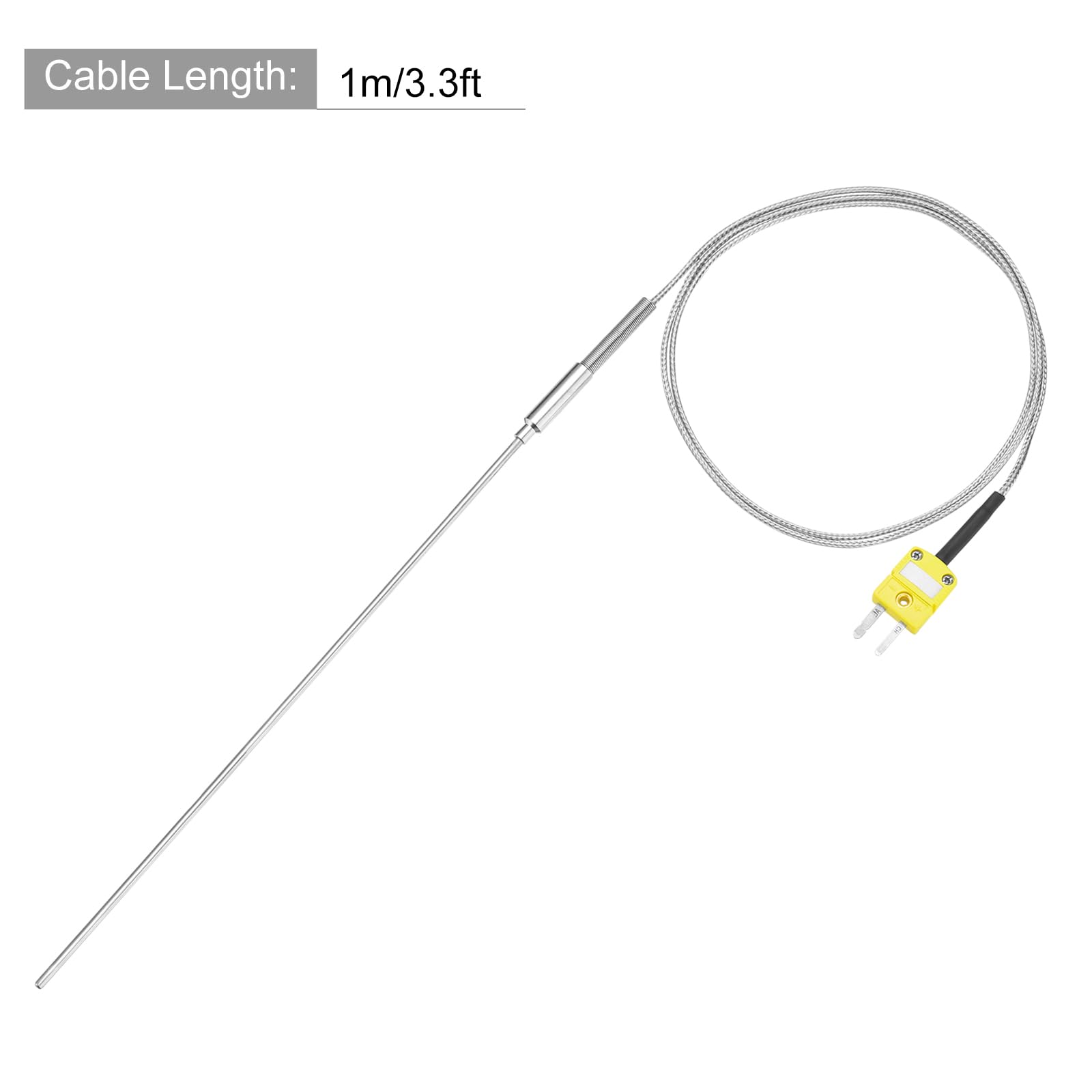 QUARKZMAN Termopara typu K ze złączem, czujnik temperatury 1,6 x 300 mm, sonda -50 do 1100°C (-58 do 2012°F), kabel ze stali nierdzewnej 1000 mm