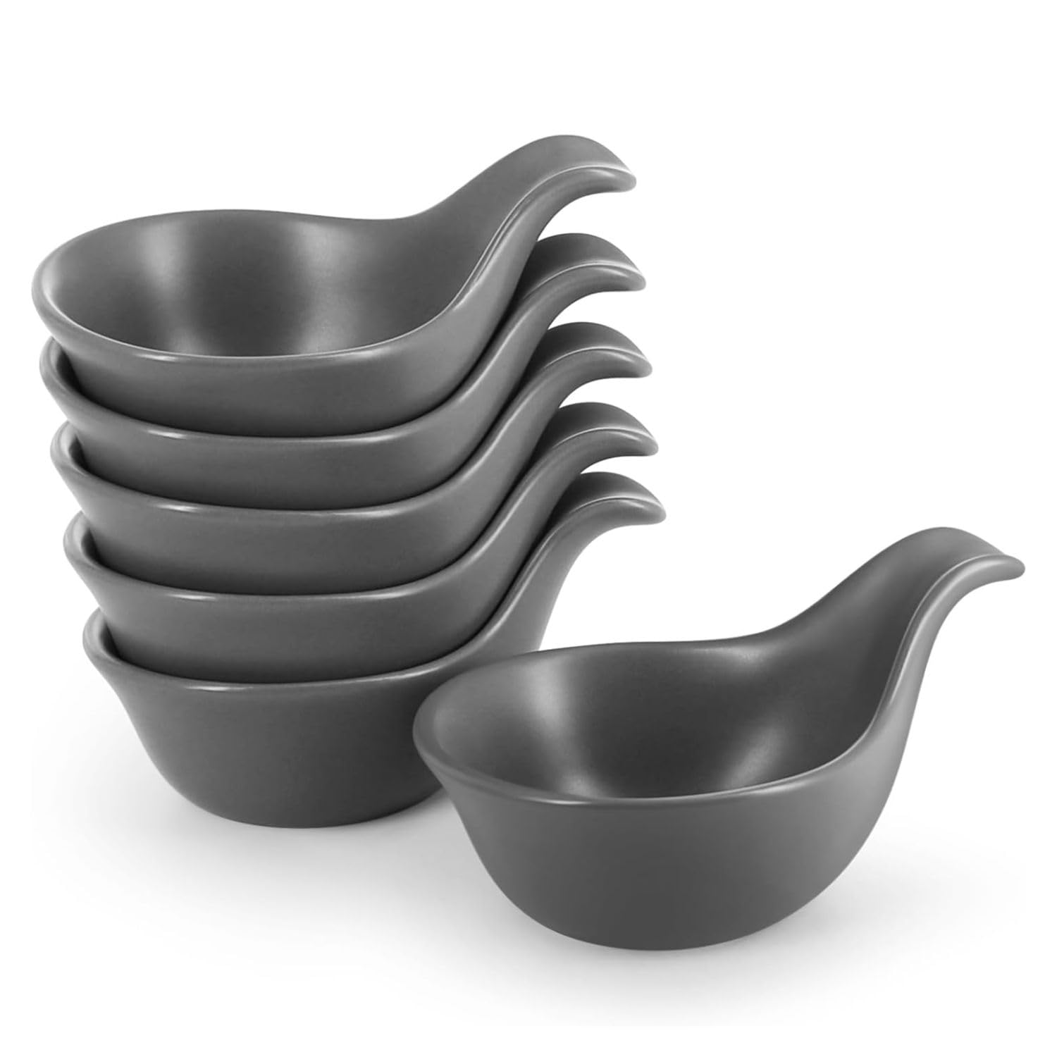 Flexzion Ceramic Dipping Bowls, Small Bowls for Dipping with Handle, Condiment Cups Soy Sauce Dish, Porcelain Ramekins, Sauce Holders, Containers for Small Side Dishes Dips - 3 oz, Set of 6, Gray