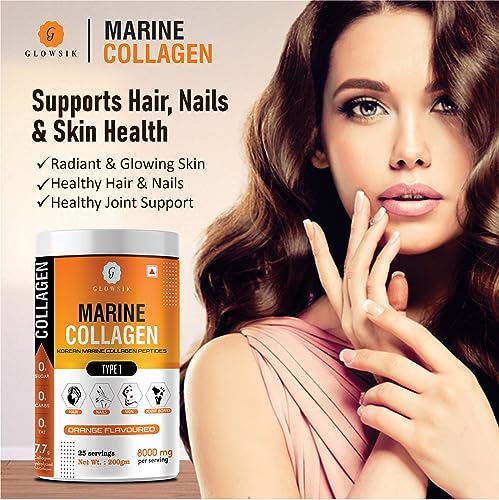Image of Glowsik Korean Marine Collagen Powder | Marine Collagen Supplements for Women and Men | Skin Radiance Collagen.. (200 gms, orange.)