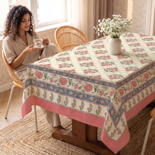 Image of Urban Space 100% Cotton Dining Table Cover 6 Seater, Jaipuri Handblock Cotton Table Cloth for Center Table, Dining Room Table Cover (Size 48 inch x 92 inch - 6 Seater, Amberjaal Pink)