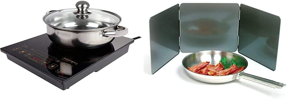 Rosewill 1800 Watt 5 Pre-Programmed Settings Induction Cooker Cooktop, Included 10” 3.5 Qt 18-8 Stainless Steel Pot, Gold, RHAI-16002 & Norpro Nonstick 3 Sided Splatter Guard