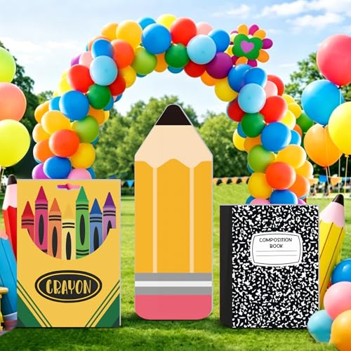 3 Pcs Back to School Decorations Pencil Notebook Cardboard Cutouts Crayon Box Standup for Classroom Photo Booth Props Celebration First Day of School Party Outdoor Decorations Backdrop