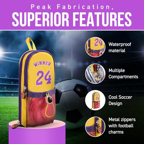 Image of DEOXY Polyester Large Capacity Pencil Pouch with 3 Zippers & 5 Compartments - Waterproof Standing Pencil Case with Metal Zipper + Football Charm & Coin Pouch (Idol), Yellow