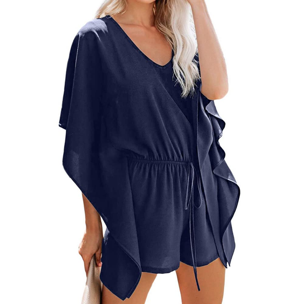 BKEPDY Mono de Manga Corta para Mujer Monos de Vestir Jumpsuit de Verano Casuales Mono de Talle Alto Elegante Mono de Una Pieza Monos Cortos de murciélago Mono Cintura Elástica Holgado Ropa de Playa