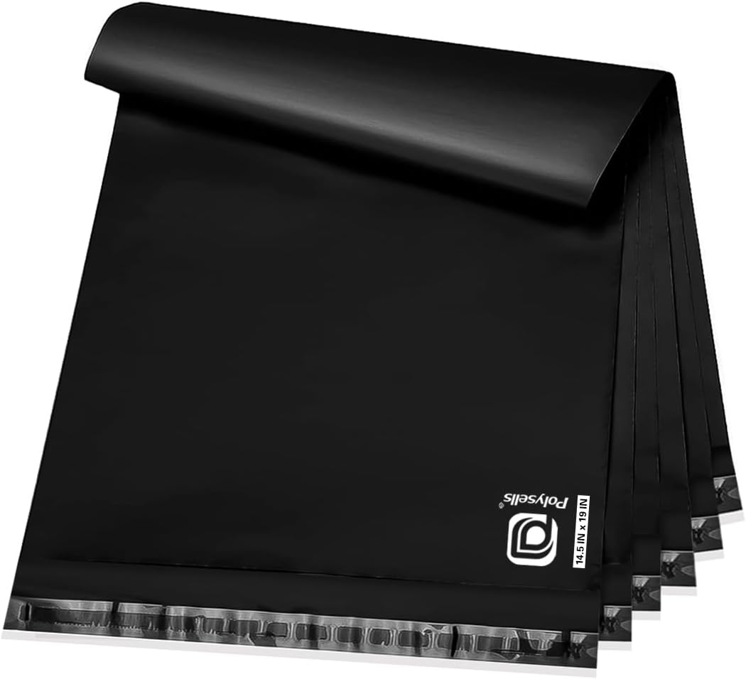 POLYSELLS 1000 pcs 14.5x19 Inches Black Poly Mailers Shipping Envelopes, Strong Adhesive Sealing, Waterproof, and Tear-resistant Postal Mailing Bags for Clothing, Books, and Accessories