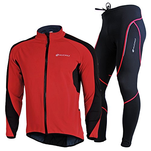 NUCKILY Men's Waterproof Cycling Suit Thermal Fleece Windproof Winter Cycling Sports Jacket Bike Jersey Paded Pants Trousers Riding