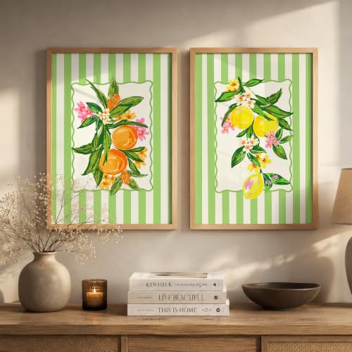 Image of Suneree Botanical Fruit Wall Art Set of 2 Framed Paintings | Lemon Orange Illustration Green Striped Poster | Kitchen Dining Room Home Decor (Art 1, 10x13 Inches)