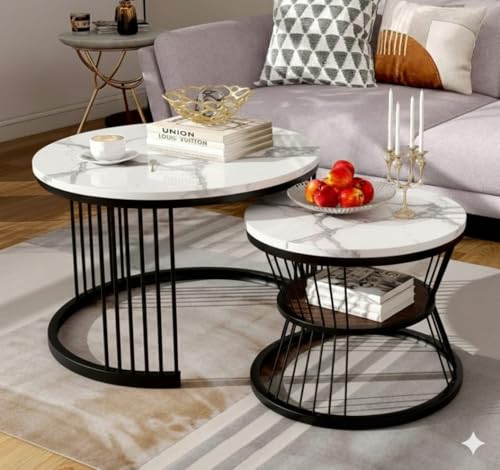 Image of Roldo Modern Nesting Coffee Table Set of 2 for Living Room, Round Coffee & Side Table with Metal Frame and Marble Finish MDF Top, Center Table for Sofa, Home Decor Office & Apartment (Black White)