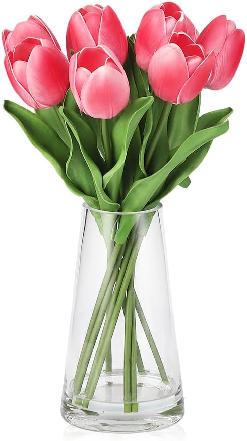 GAOMON Artificial Flowers Hot Pink Tulips in Faux Water Glass Vase product photo