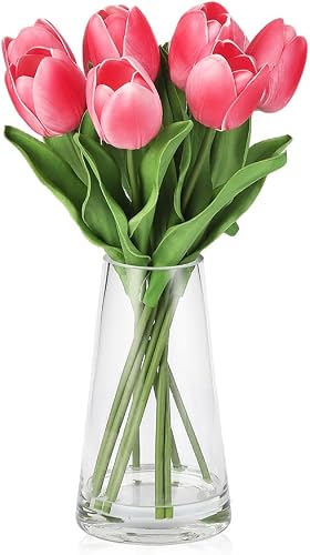 GAOMON Artificial Flowers Hot Pink Tulips in Faux Water Glass Vase, 10 Stems Realistic Artificial Flowers for Home Decor & Table Display