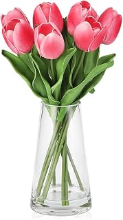 GarveeHome Real Touch Tulip Artificial Flowers in Glass Vase with Fake Water, 10 Stems Realistic Fake Tulip, Home Décor Centerpiece for Wedding, Table, Living Room,Rose Red