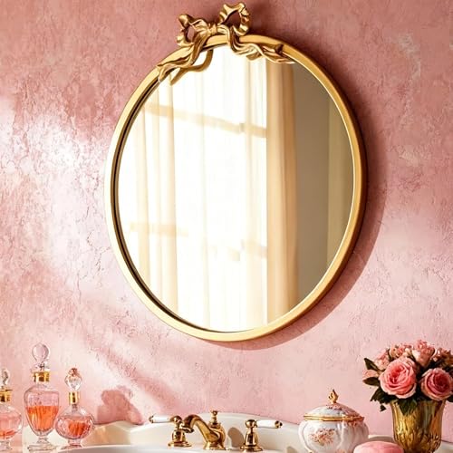Image of Vercraft 21 inchx 20 inch Gold Bow Mirror Vintage Round Bathroom Vanity Mirrors