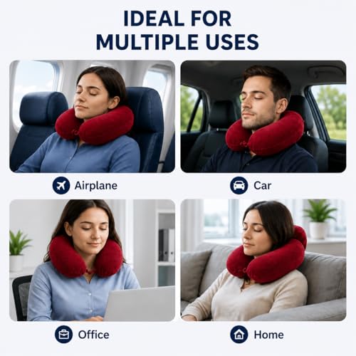 Image of Restify Premium Memory Foam Travel Neck Pillow with Eye Mask | Soft Velvet U Shape Neck Support Cushion for Flight, Airplane, Car & Office Travel | Portable Pillow for Men & Women | Maroon