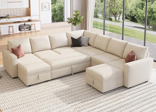 Image of HONBAY Modular Sectional Sleeper Sofa with Pull Out Couch, Oversized U Shaped Sleeper Pull Out Bed with Storage Sectional Couches for Living Room - Beige