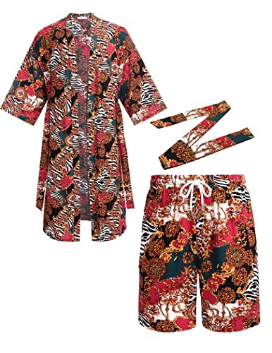 COOFANDY Men Lightweight 2 Piece Kimono Robe with Shorts Japanese Robes Casual Open Front Long Cardigan With Belt4