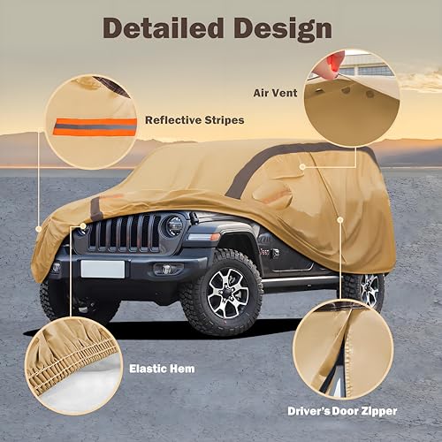 Image of Heavy Duty Waterproof Car Cover Compatible with Jeep Wrangler 4 Doors 2006-2024 JK JL, Outdoor Anti-UV Sun Rain Protection Full Exterior Cover