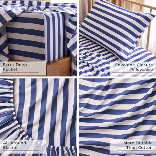 Image of Mellanni Twin XL Sheets Set - 3 PC Iconic Collection Bedding | Hotel Luxury, Extra Soft, Cooling Bed Sheets - Wrinkle, Fade, Stain Resistant (Twin Extra Long, Oxford Stripe Blue Nova)