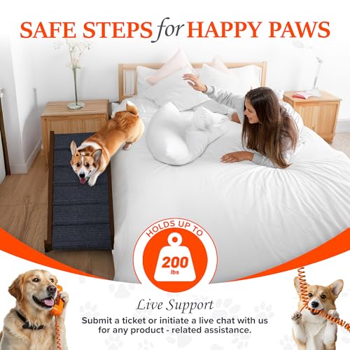 Adjustable Dog Ramp for Bed - Foldable Wooden Ramp for Dogs to Get on Bed, Couch, or Car with 13.4" Wide Walking Space (Walnut Wood with Gray Carpet, Medium) - Image 6