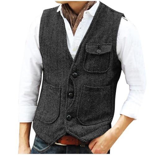 Men's Big Tall Vests Herringbone Tweed V-Neck Waistcoat Retro Wedding Business Sleeveless Vests Coat with Pocket