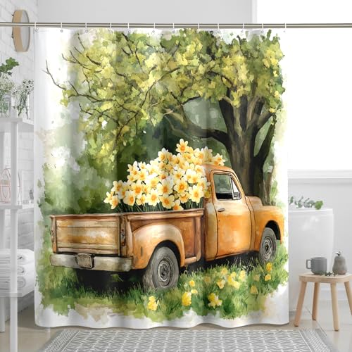 DESIHOM Spring Daffodil Shower Curtain Set 72" W x 78" L, Farmhouse Truck Floral Bathroom Decor, Vintage Flower Printed Fabric Bath Accessories